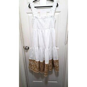 Abercrombie & Fitch White & Gold Embroidered Tiered Dress Ruffled Straps Smocked